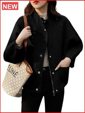 Wool Blend Short Pea Coat with Stand Collar and Pockets
